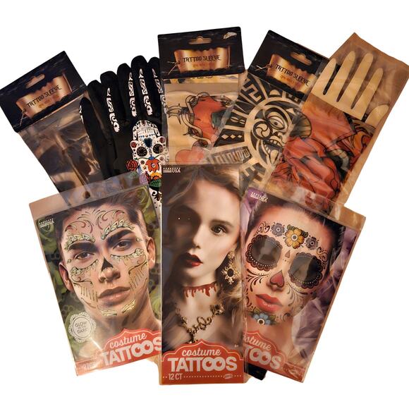 Lot of 9 Temporary Tattoos - 4 Sleeves, 1 Glove, 3 Face Blood Stitches Halloween - Picture 1 of 6